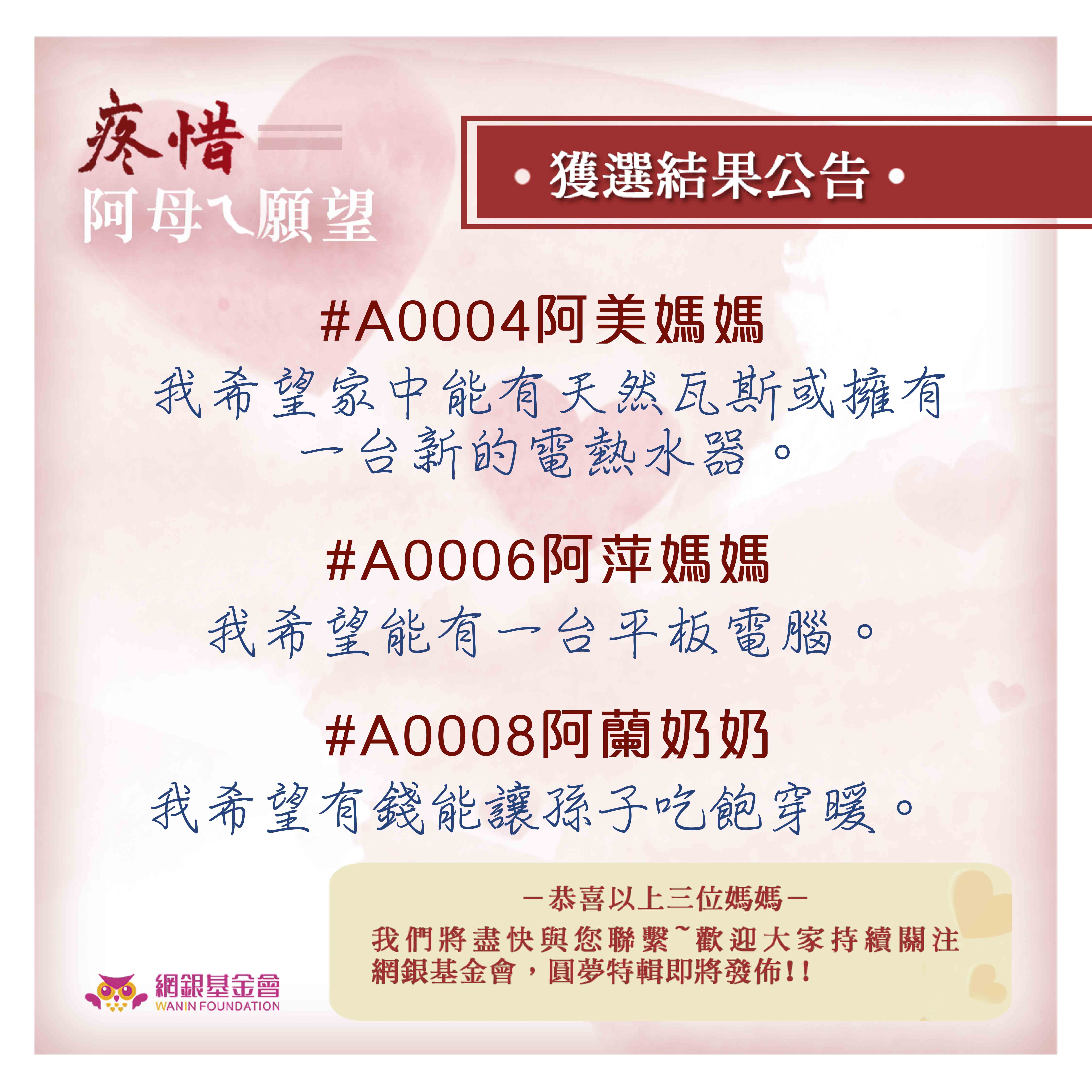 網銀基金會2019 溫馨五月天「疼惜~阿母ㄟ願望」獲選名單揭曉